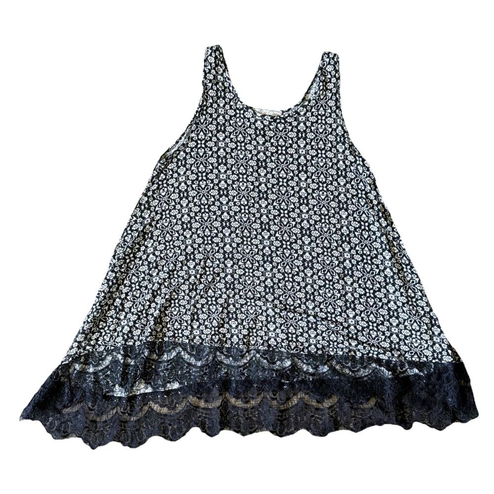 All At Once Lace Hem Swing Tank Top Women's Sz S Black White Boho Coquette Goth